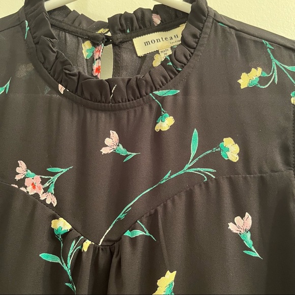 Monteau Black Floral Blouse with Ruffle Neck and Shoulder Details size S - Picture 2 of 7